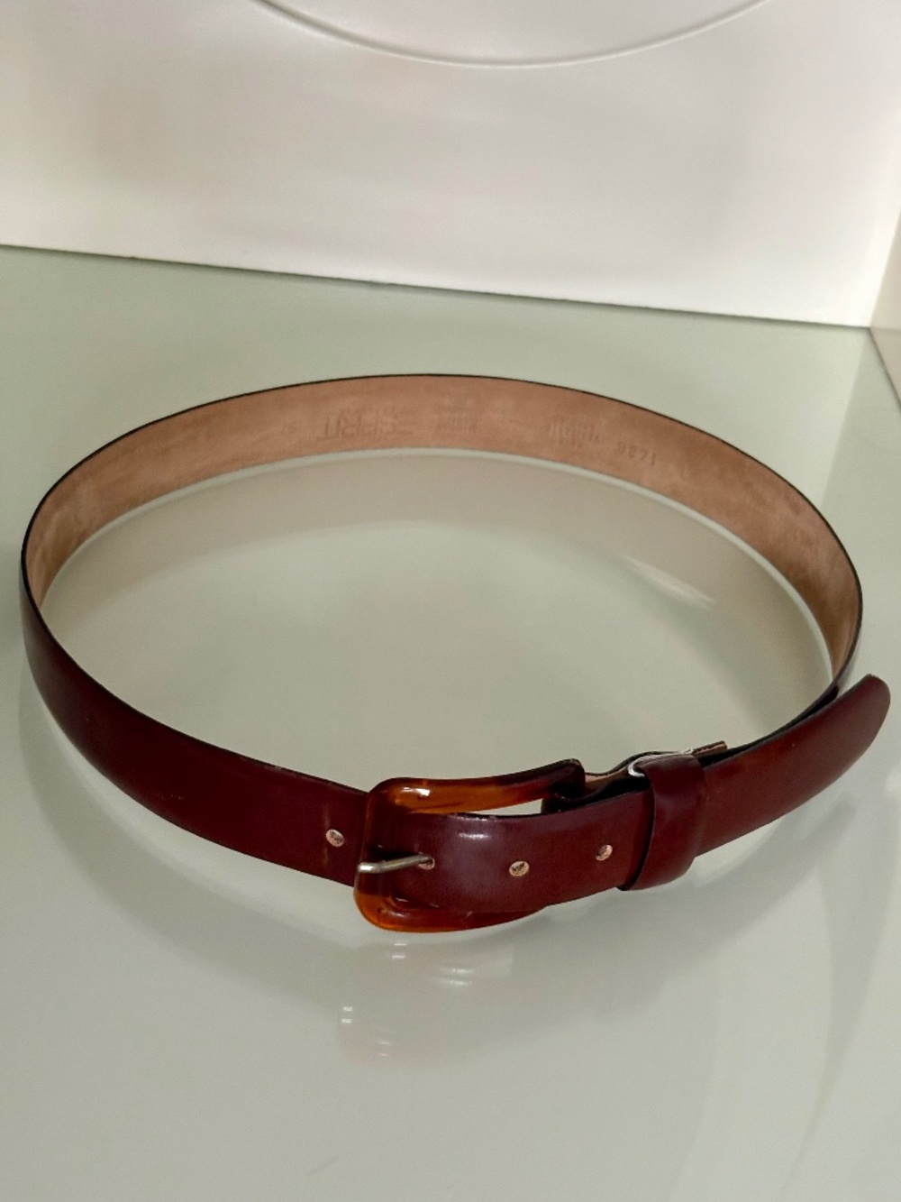 90s Minimalist Vintage Esprit Cognac Brown Leather Belt Tortoise Buckle Sz S